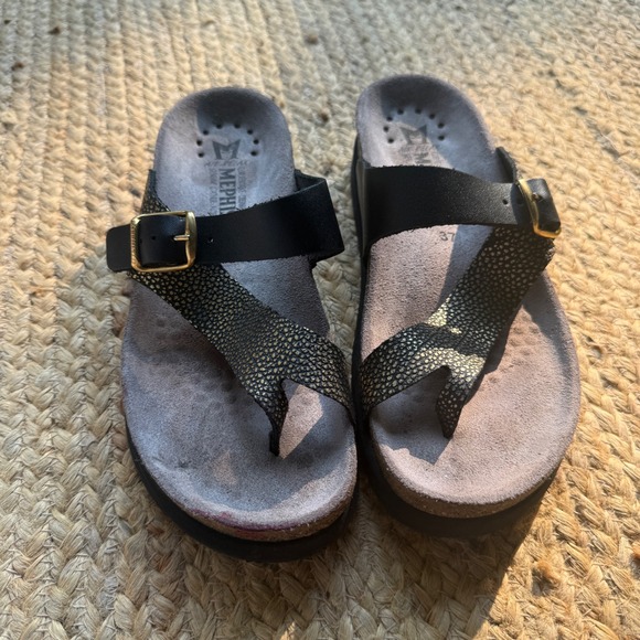 Mephisto Shoes - Mephisto Helen Snake Texture Black Gold Metallic Leather Cork Footbed Sandals 37